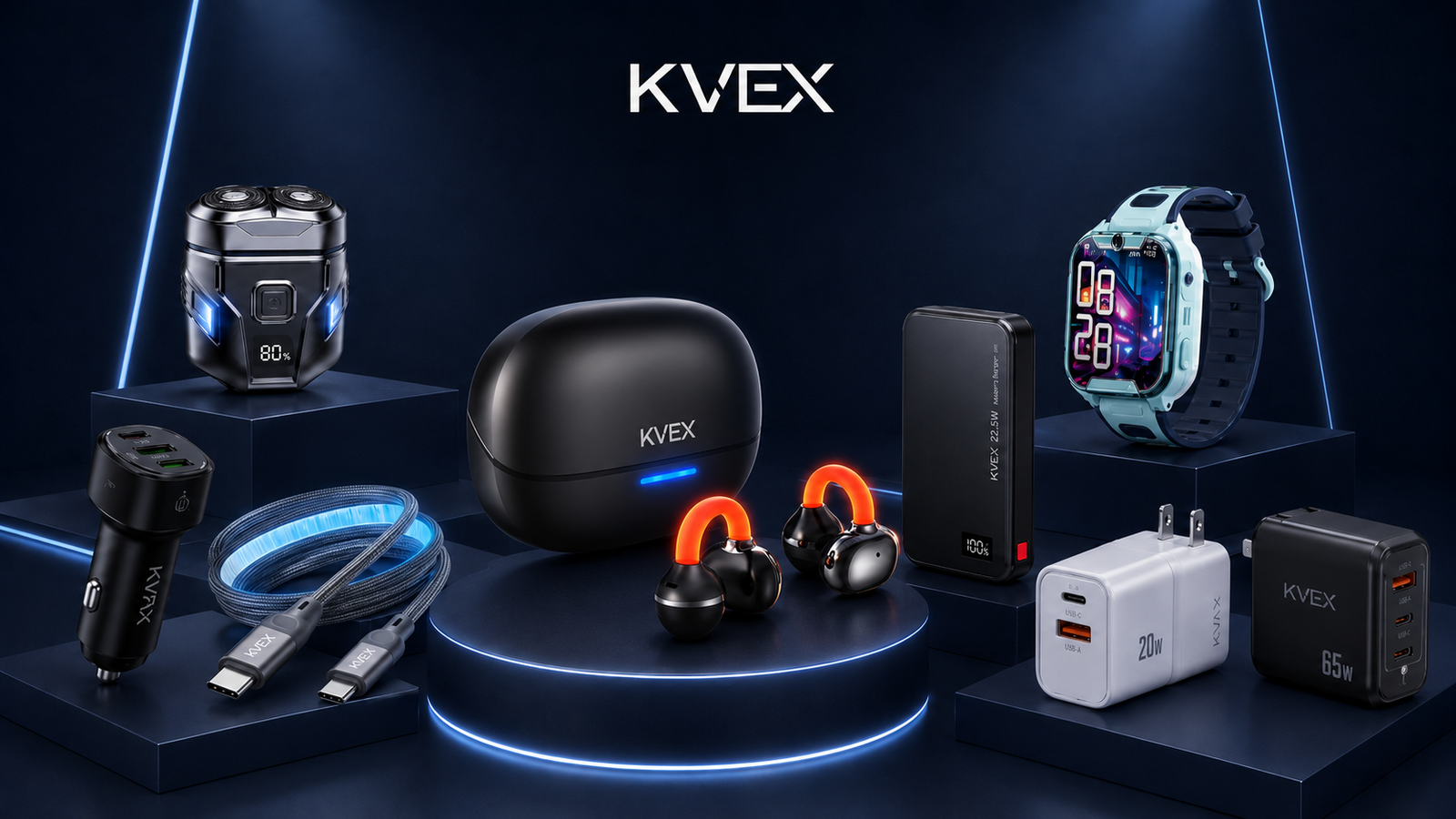 KVEX product lineup with chargers, cable, audio, wearable, and power bank